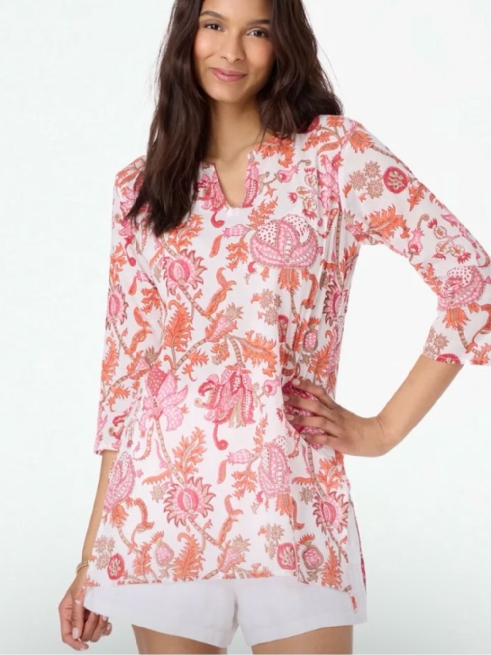 Roller Rabbit Amanda Kurta Pink & Orange Paisley Print V-Neck 100% Cotton tunic